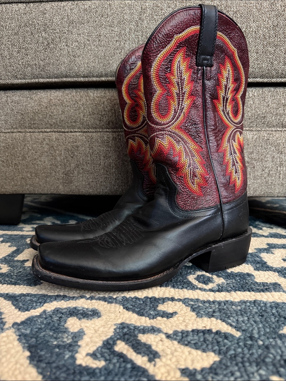 Ariat Black Foot with Maroon and Red Embroidered Shaft Cowboy Boots